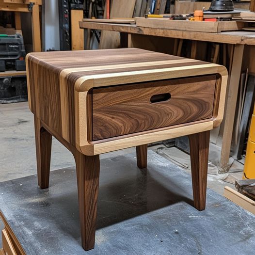 A small walnut side table with a single drawer, standing in a workshop