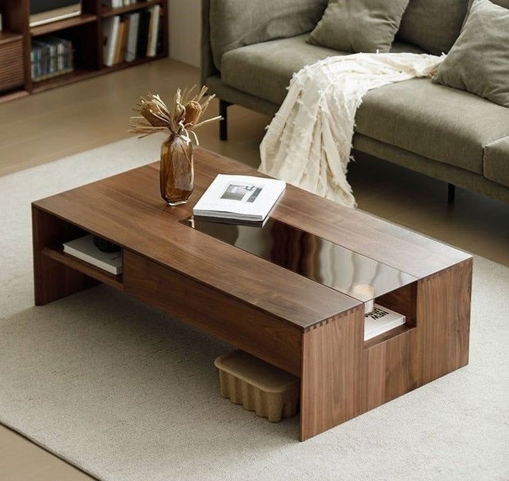 A low dark-wood coffee table with an open shelf beneath, in a living room