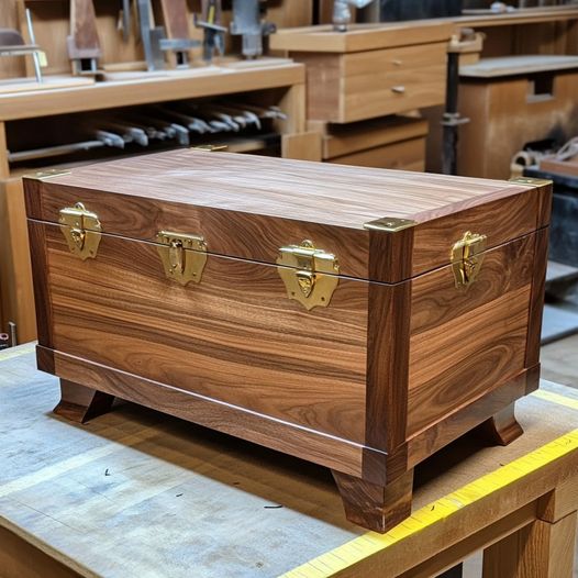 A lidded wooden storage chest with brass corner hardware