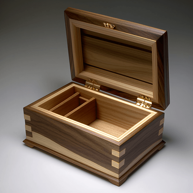 An open wooden jewelry box with a lift-out tray and contrasting corner joinery