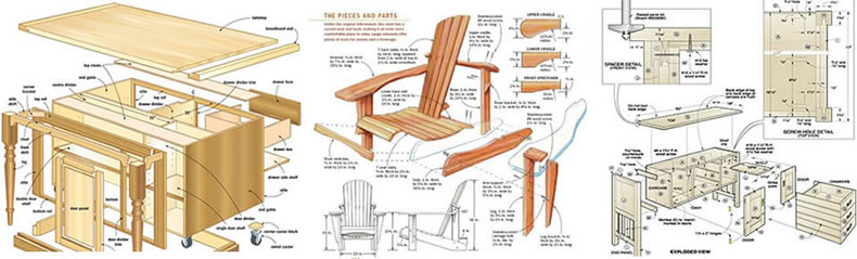 Exploded woodworking plan diagrams showing parts, dimensions and joinery details